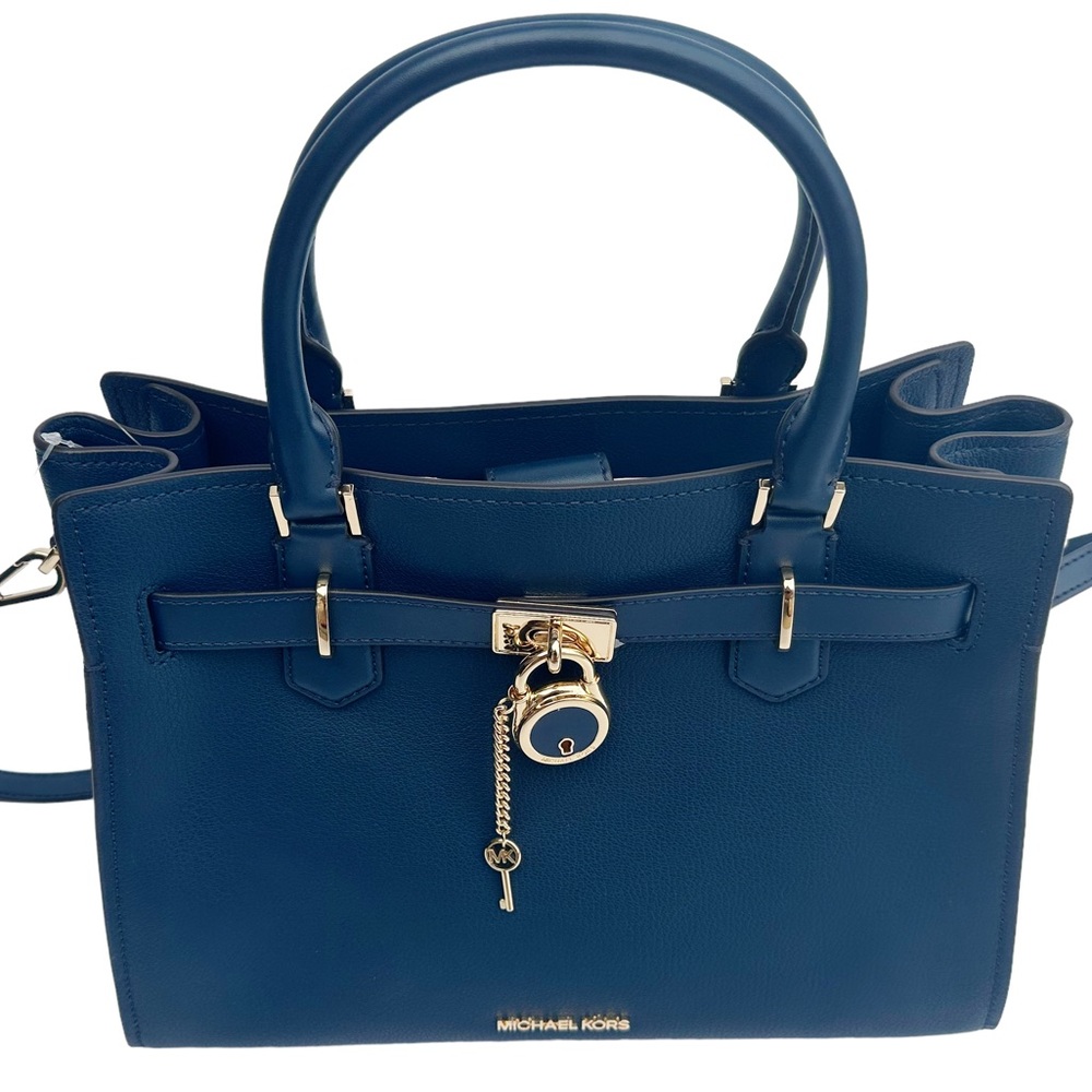 Michael Kors Hamilton Medium Satchel Crossbody Bag Navy Pebbled Leather - Picture 5 of 6